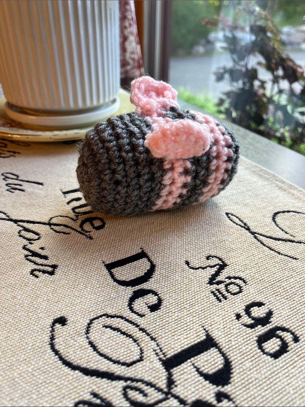 Hand made gray & pink crochet bee